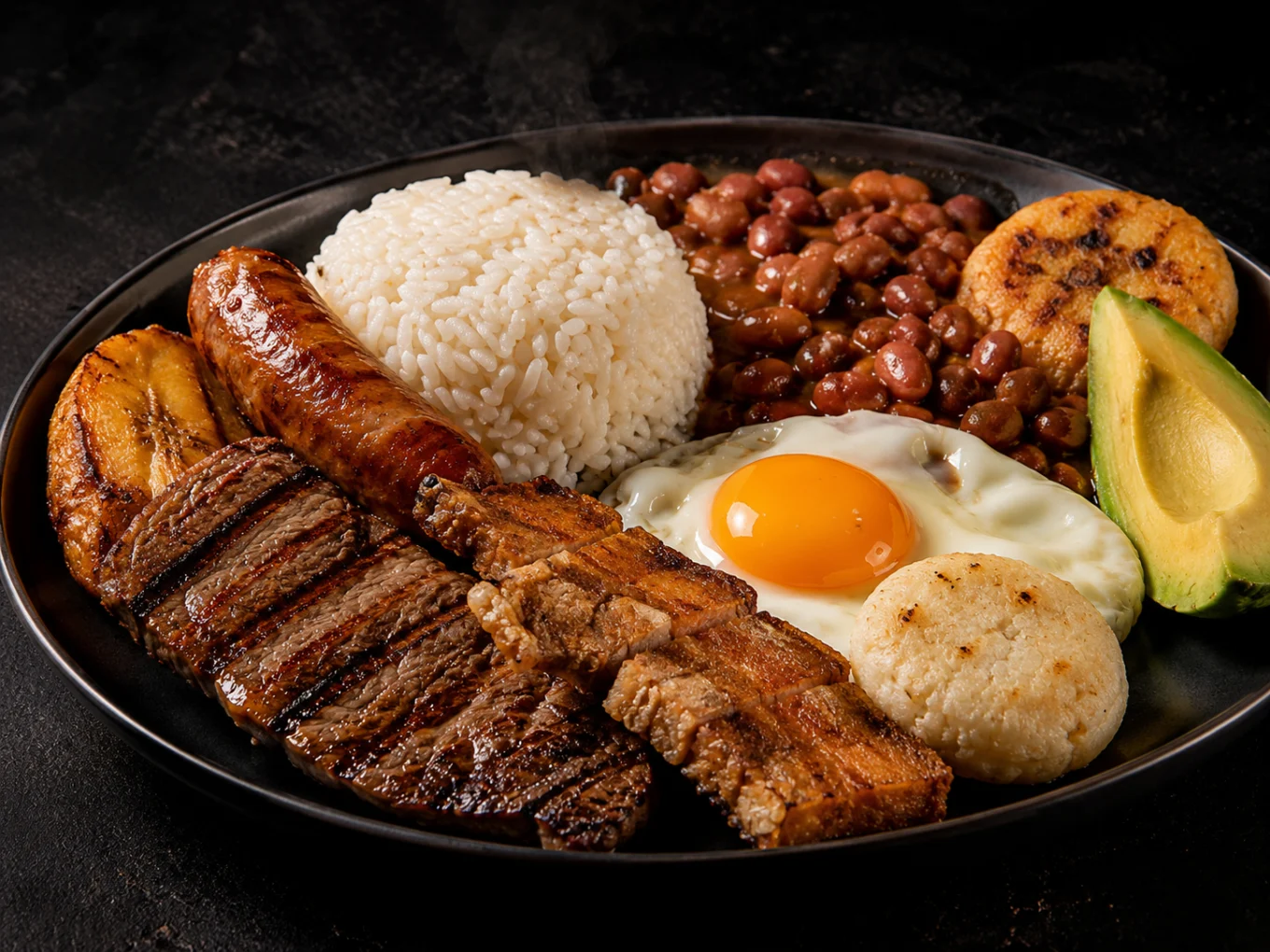 Bandeja paisa colombiana con arroz, frijoles, carne, chicharrón, huevo, aguacate y arepa